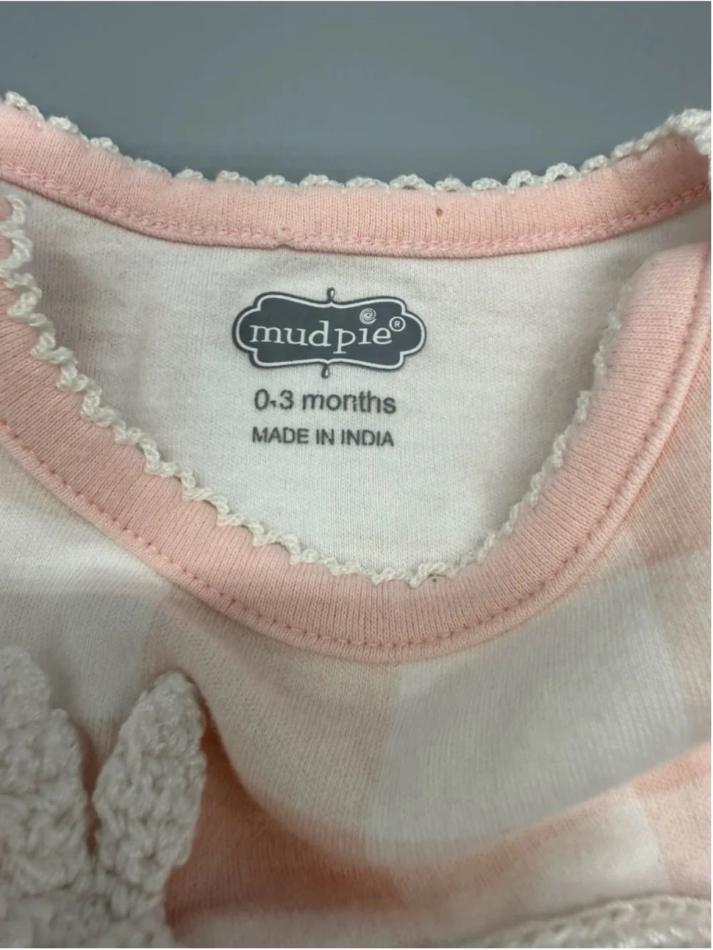 Mud Pie Pink White Checked Bunny Embroidered Gown 0-3M Long Sleeve